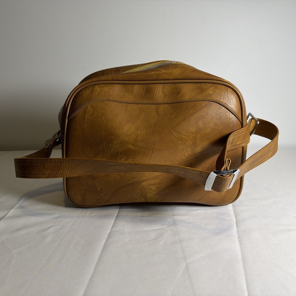 Vintage American Tourister Brown Tan Leather Shoulder Bag travel Carry On Bag - Picture 5 of 16